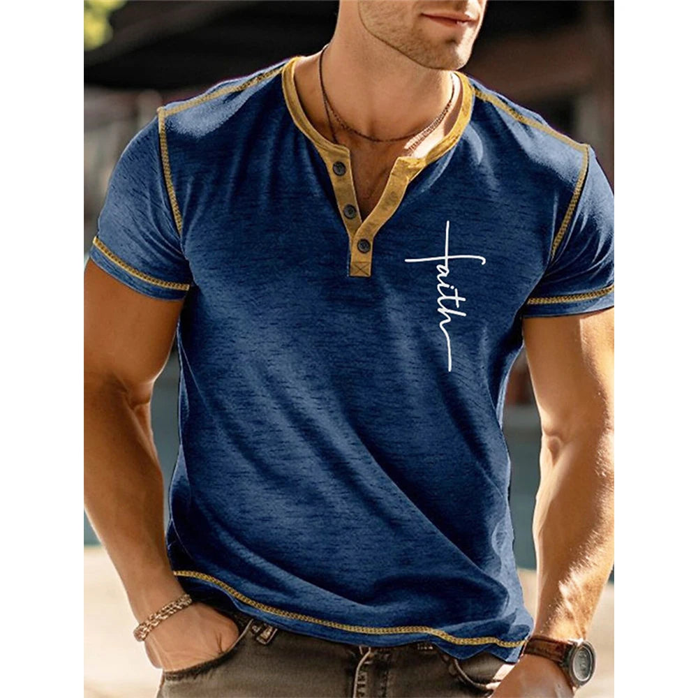 Men’s Summer Faith Letter 3D Print Henley Shirt
