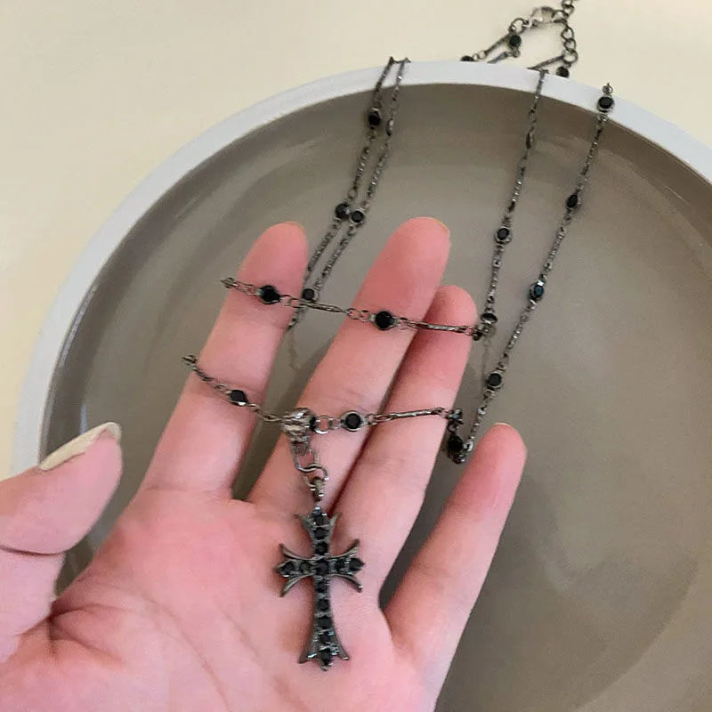 Summer Black Rhinestone Cross Jesus Pendant Choker Necklace