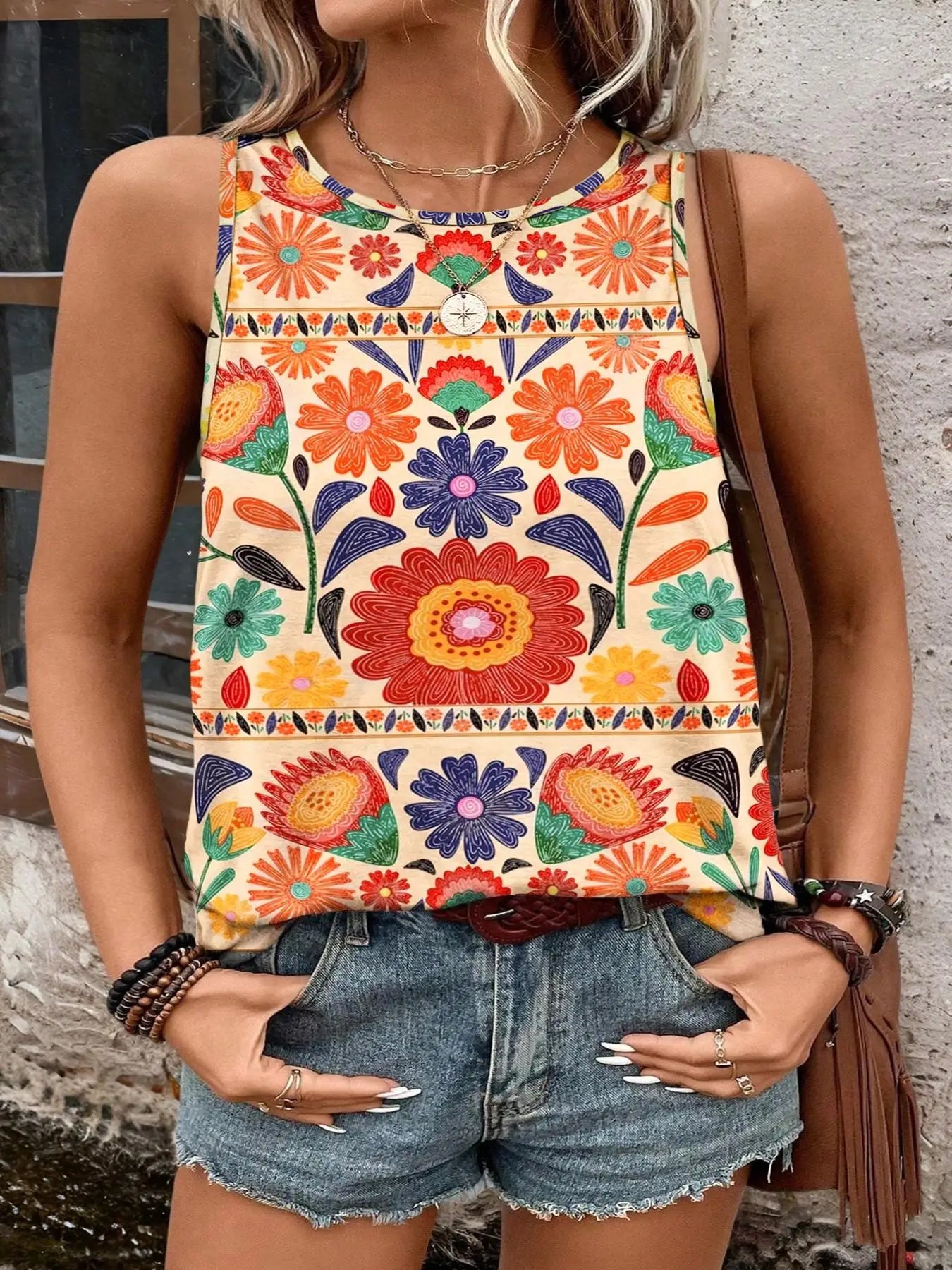 Plus Size Floral Print Tank Top – Sleeveless Bohemian Summer Blouse