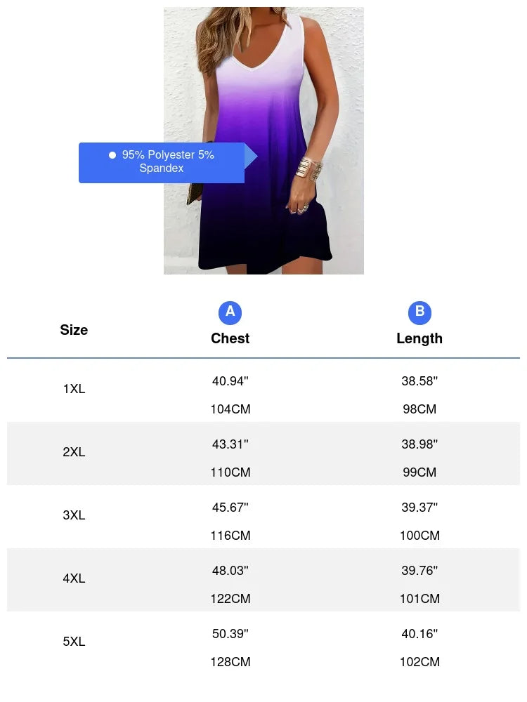Plus Size Gradient Print Tank Dress – Sleeveless V-Neck Summer Outfit