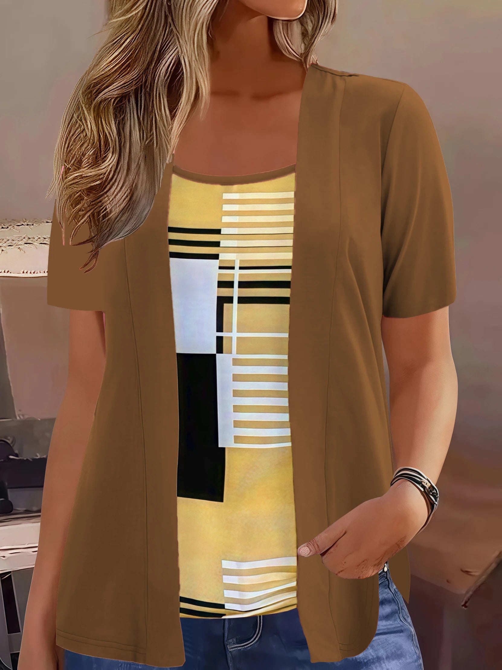 Plus Size Geometric Print T-Shirt – Summer Casual Patchwork Top