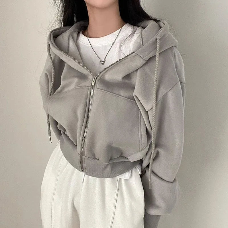 Women’s Zip Up Hoodie – Autumn Winter Casual Streetwear Crop Sweatshirt