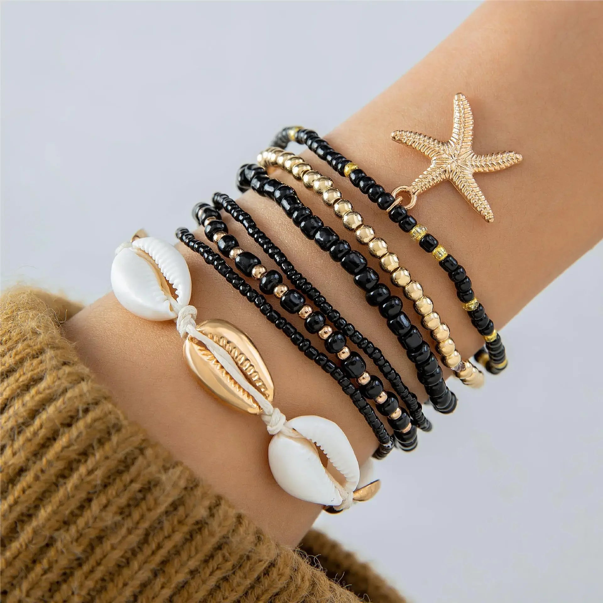 7Pcs Boho Starfish & Shell Beaded Bracelet Set for Women