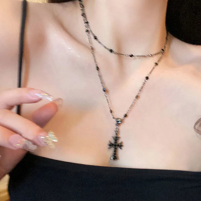 Summer Black Rhinestone Cross Jesus Pendant Choker Necklace