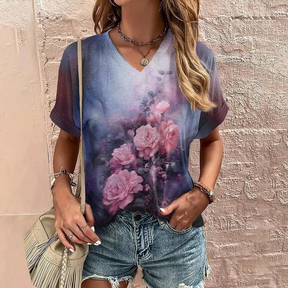 Women’s Summer Flower Print V-Neck T-Shirt