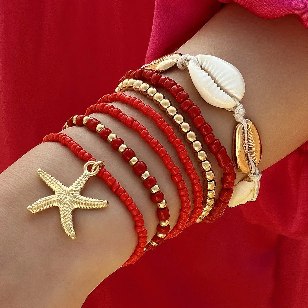 7Pcs Boho Starfish & Shell Beaded Bracelet Set for Women