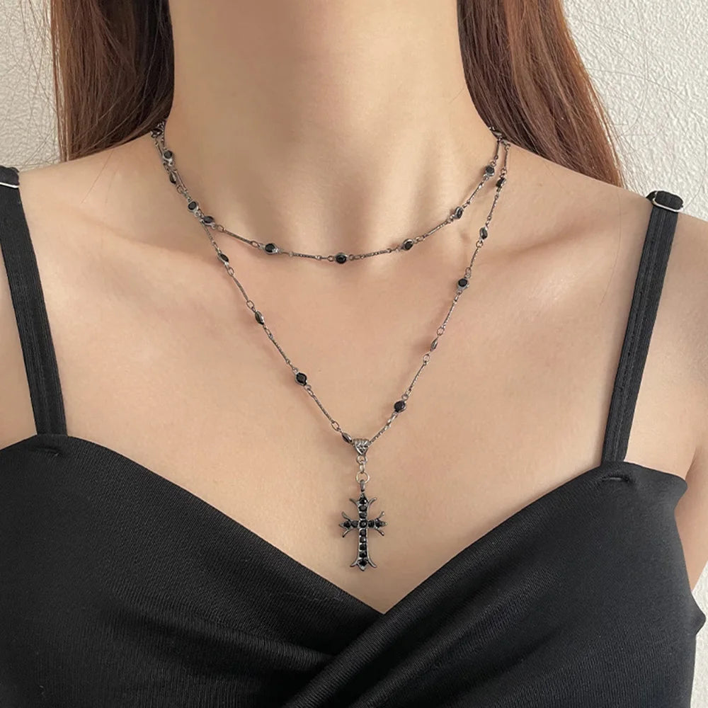 Summer Black Rhinestone Cross Jesus Pendant Choker Necklace