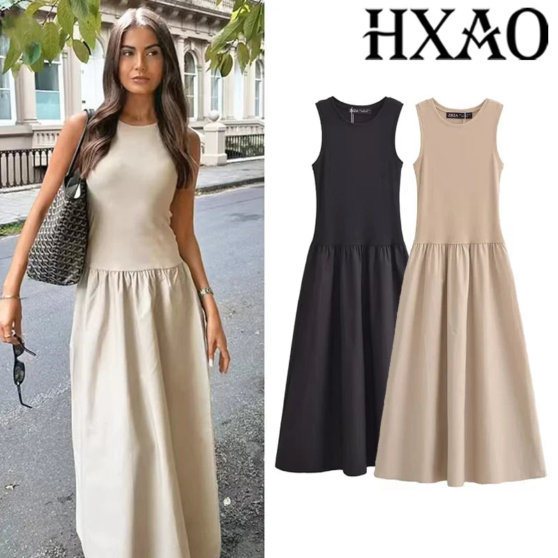 HXAO Khaki Elegant Long Dress