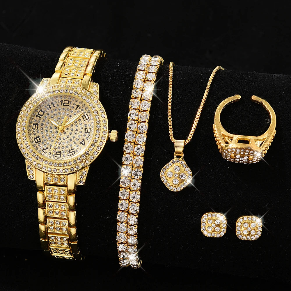 Luxury Women’s Gold Watch – Fashion Quartz Diamond Bracelet Wristwatch Set