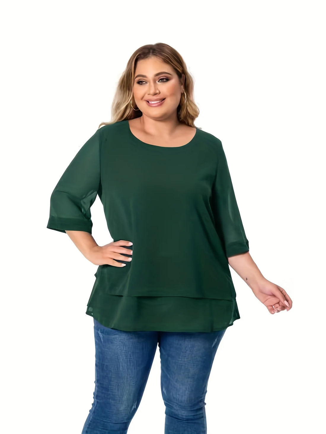 Plus Size Double Layer Chiffon Top – Three-Quarter Sleeve Round Neck
