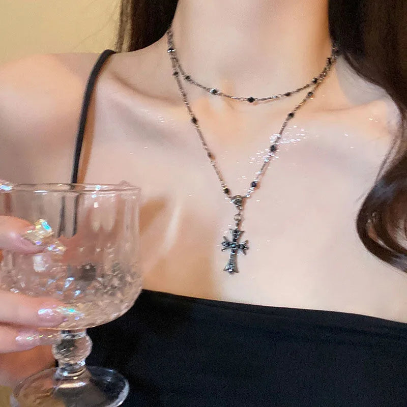 Summer Black Rhinestone Cross Jesus Pendant Choker Necklace